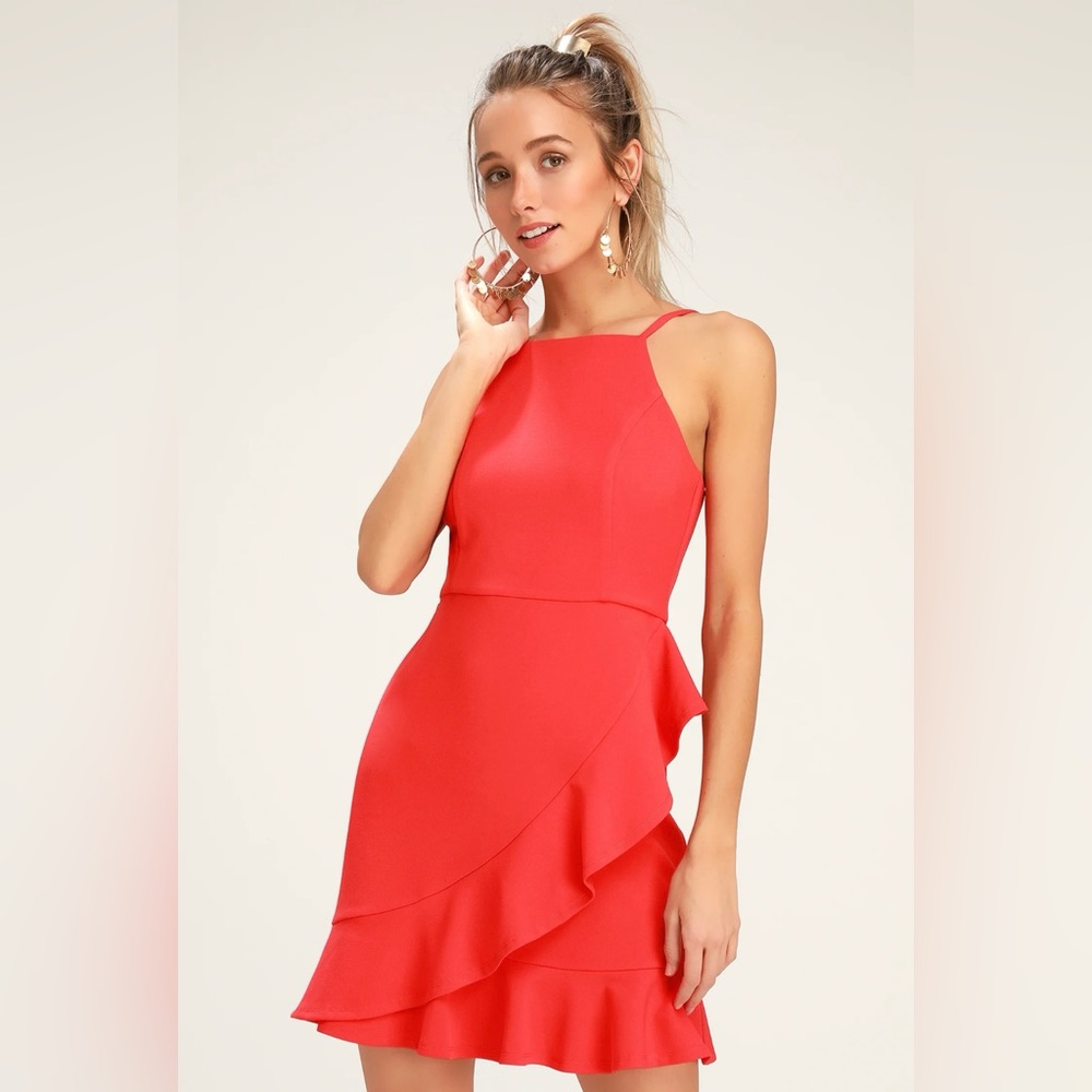 Lulu’s Great Things Coral Red Ruffle Bodycon Dress
